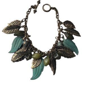 Green Agate & Metal Leaf Leaves Charm Toggle Bracelet Woman’s Fall Jewelry
